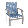 Athens commercial outdoor dining chair with Platinum aluminum frame and Sky Blue cross-weave vinyl seat and back