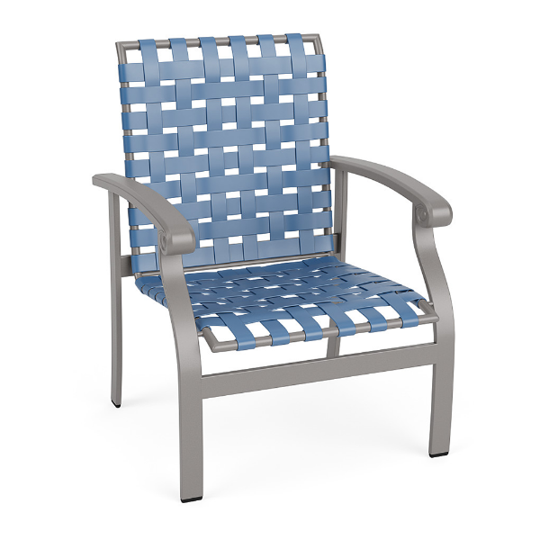 Athens commercial outdoor dining chair with Platinum aluminum frame and Sky Blue cross-weave vinyl seat and back