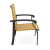 Side view of Athens commercial outdoor dining chair with Starlight Black aluminum frame and Yellow cross-weave vinyl seating