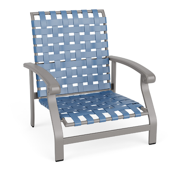 Athens commercial outdoor sand chair with Platinum aluminum frame and Sky Blue cross-weave vinyl seat and back