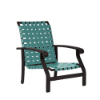 Athens commercial outdoor sand chair with dark aluminum frame and aqua cross-weave vinyl seat and back