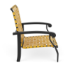 Side view of Athens low-profile commercial sand chair with Starlight Black aluminum frame and Yellow cross-weave vinyl seating