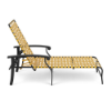 Side view of Athens commercial outdoor chaise lounge with Starlight Black aluminum frame, Yellow cross-weave vinyl seating, and adjustable backrest