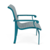 Side view of Athens commercial outdoor dining chair with Blazer Surf aluminum frame and Metallica Lagoon sling seat and back