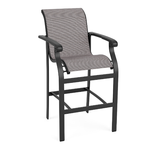 Athens commercial outdoor bar chair with Starlight Black aluminum frame and Jazzy Raven sling seat and back