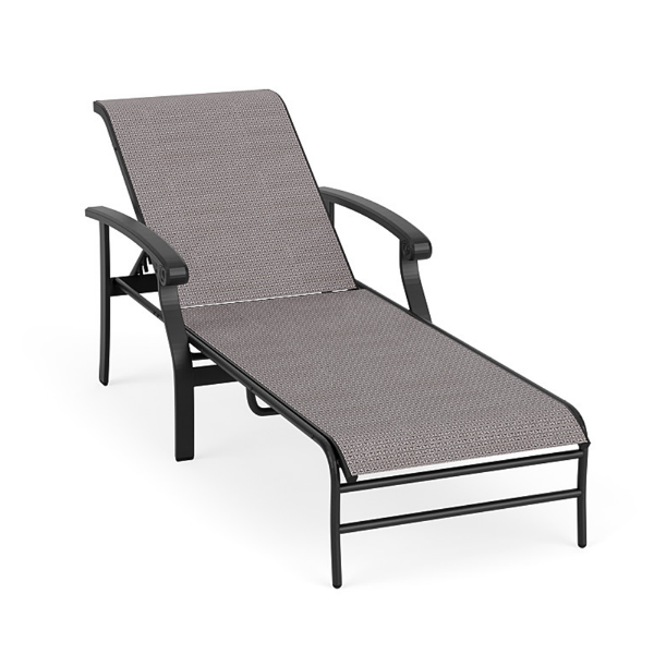 Athens commercial outdoor chaise lounge with Starlight Black aluminum frame, Jazzy Raven sling seating, and adjustable backrest