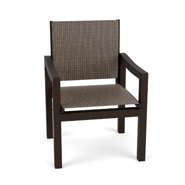 Coastal commercial outdoor dining chair with Coffee Bean aluminum frame and Turquesa sling seat and back