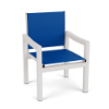 Coastal commercial outdoor dining chair with Sky White aluminum frame and Marina blue sling seat and back