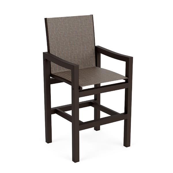 Coastal commercial outdoor bar chair with Coffee Bean aluminum frame and Turquesa sling seat and back