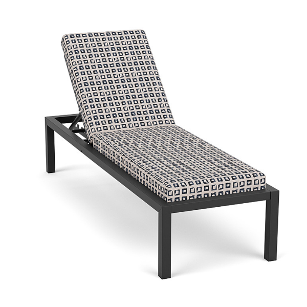 Coastal cushioned commercial outdoor chaise lounge with Starlight Black aluminum frame and Kindle Indigo patterned cushions