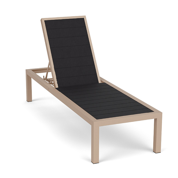 Coastal MGP commercial outdoor chaise lounge with Textured Beige aluminum frame, Susquehanna Grey MGP slats, and adjustable backrest