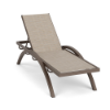 A front three-quarter perspective view of an outdoor patio chaise lounge featuring a Textured Espresso dark brown aluminum frame paired with a neutral beige-toned Cane Weave Pacific sling fabric.