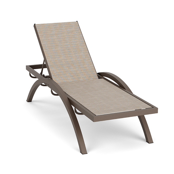 A front three-quarter perspective view of an outdoor patio chaise lounge featuring a Textured Espresso dark brown aluminum frame paired with a neutral beige-toned Cane Weave Pacific sling fabric.
