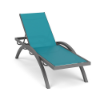 A front three-quarter perspective view of a pool deck chaise lounge designed with a matte Slate Grey arched aluminum frame and a vibrant turquoise Metallica Lagoon sling bed.