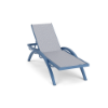 A front three-quarter view of a commercial outdoor poolside chaise lounge featuring an arched powder-coated Steel Blue aluminum frame and a light blue woven Charm Ice Blue sling fabric bed.
