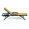 A side profile view of an adjustable commercial chaise lounge featuring a dark metallic Deep Blue powder-coated arch frame and a bright Lemon Yellow outdoor sling surface.