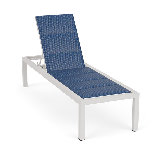 A front three-quarter view of a poolside commercial chaise lounge built with a clean Sky White aluminum frame and a textured navy blue Nautica padded sling bed.