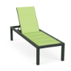 A front three-quarter view of a commercial armless outdoor chaise lounge with a dark Hunters Green frame and a bright lime-green Citro padded sling bed.