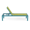 A side profile view of an adjustable commercial chaise lounge featuring a deep blue Metallica Lagoon powder-coated frame and a vibrant chartreuse Lime Green padded sling surface.