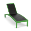 A front three-quarter view of an adjustable commercial pool chaise lounge featuring a bold Lime Green aluminum frame with smooth, slatted Black Marine Grade Polymer (MGP) seat surface.