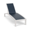 A front three-quarter view of a commercial patio chaise lounge constructed with a sleek Sky White powder-coated frame and slatted Navy Marine Grade Polymer (MGP) seating.
