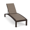 A front three-quarter view of a commercial pool deck chaise lounge designed with a deep Coffee Bean powder-coated frame and warm Taupe Tweed padded sling seating.