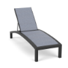 A front three-quarter view of an adjustable commercial pool lounge chair constructed with a dark Twilight aluminum frame and blue-grey textured Jazzy Starlight padded sling fabric.