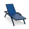 A front three-quarter view of a commercial outdoor chaise lounge featuring an elegant arched frame in Deep Blue Metallic paired with vibrant Royal Blue Marine Grade Polymer (MGP) slats.