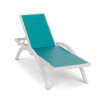 A front three-quarter perspective view of a commercial patio chaise lounge constructed with a clean Sky White arched frame and bright turquoise Aruba Marine Grade Polymer (MGP) slatted surface.