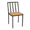 A front three-quarter view of an outdoor commercial dining chair with a vertical slat back rest, dark Coffee Bean powder-coated aluminum frame, and a golden tan upholstered seat cushion.