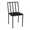 A front three-quarter perspective of an all-black commercial patio dining chair designed with a sleek black aluminum frame, vertical slat backrest, and a solid Starlight Black seat cushion.
