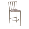 A front three-quarter perspective view of a high-top commercial patio bar stool featuring a taupe Satin Amber aluminum frame, vertical slatted back, and a multi-toned, zig-zag patterned Valley Dune seat cushion.