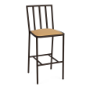 A front three-quarter view of a commercial outdoor bar chair designed with a tall Coffee Bean powder-coated aluminum frame, vertical slat backrest, lower perimeter footrest, and a golden tan cushioned seat.