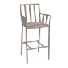 A front three-quarter perspective view of a high-top commercial patio bar armchair featuring a taupe Satin Amber aluminum frame, slatted arms and back, and a multi-toned, zig-zag patterned Valley Dune seat cushion.