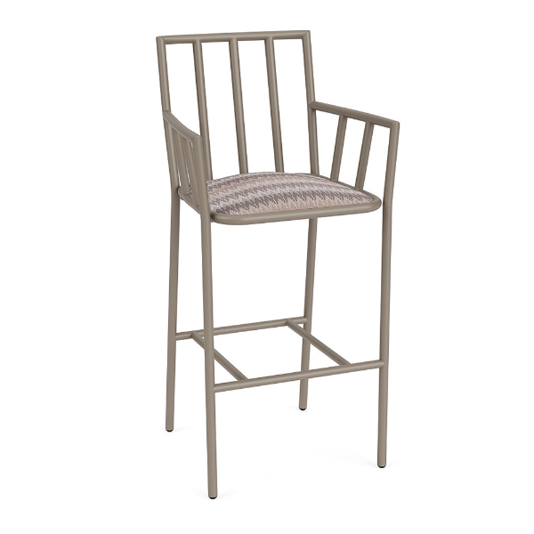 A front three-quarter perspective view of a high-top commercial patio bar armchair featuring a taupe Satin Amber aluminum frame, slatted arms and back, and a multi-toned, zig-zag patterned Valley Dune seat cushion.