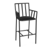 A front three-quarter view of an all-black commercial outdoor bar-height armchair featuring a sleek black powder-coated aluminum frame, integrated armrests, built-in footrest stretcher, vertical backrest spindles, and a solid Starlight Black cushioned seat.