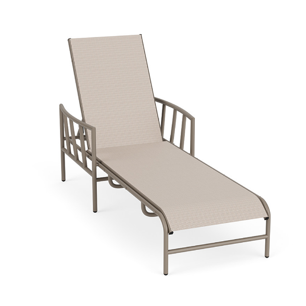 A front three-quarter perspective view of a commercial poolside sling chaise lounge featuring a taupe Satin Amber metal frame with vertical slatted arm supports and a light, textured off-white Cane Oyster sling fabric.