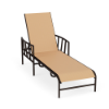 A front three-quarter view of an adjustable pool deck chaise lounge designed with a dark Coffee Bean aluminum frame, slatted armrests, and a warm peach-tan Dupioni Apricot sling seating surface.