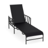 A front three-quarter view of an all-black commercial outdoor sling chaise lounge featuring a sleek black powder-coated aluminum frame, slatted armrests, an adjustable backrest, and a solid black sling fabric.