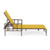 A side view of a commercial outdoor sling chaise lounge featuring a dark Textured Espresso powder-coated aluminum frame with curved armrests, slatted support details, an adjustable reclining backrest, and a vibrant yellow Canary sling fabric.