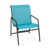 A front three-quarter view of a stackable commercial outdoor dining chair featuring a matte Starlight Black tubular aluminum frame, smooth curved armrests, and a vibrant turquoise-blue Aruba sling fabric seat and backrest.
