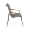 A side profile view of a commercial stackable patio dining chair designed with a taupe Satin Amber powder-coated aluminum frame, continuous armrests, and a textured, woven neutral Sisal Tungsten sling fabric seat.