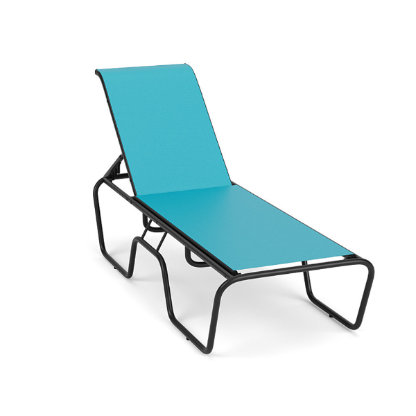 A front three-quarter view of a armless commercial outdoor chaise lounge featuring a black powder-coated tubular aluminum frame, a multi-position adjustable recline mechanism, and a vibrant turquoise Aruba sling fabric.