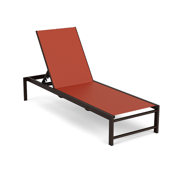 A front three-quarter view of a modern commercial chaise lounge designed with a dark Coffee Bean aluminum frame, clean straight legs, and a terracotta-red Metallic Salsa sling fabric.