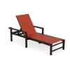 A front three-quarter view of a modern commercial chaise lounge with arms featuring a dark Coffee Bean powder-coated aluminum frame, straight angular armrests, and a terracotta-red Metallic Salsa sling fabric.