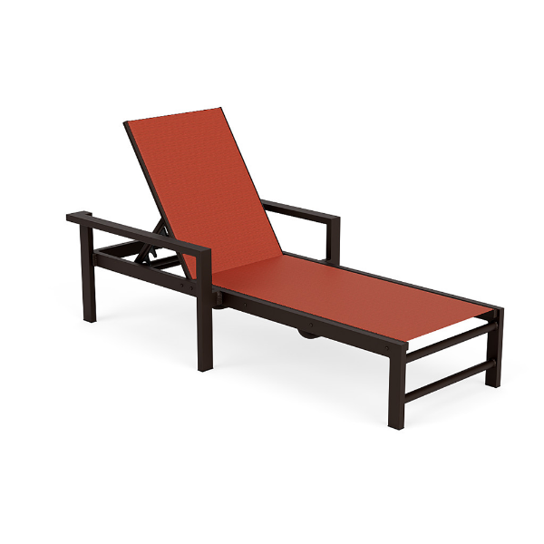 A front three-quarter view of a modern commercial chaise lounge with arms featuring a dark Coffee Bean powder-coated aluminum frame, straight angular armrests, and a terracotta-red Metallic Salsa sling fabric.