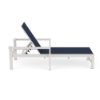 A side profile view of a commercial outdoor chaise lounge with arms featuring a Sky White square aluminum frame, geometric rectangular armrests, an adjustable backrest, and deep navy blue Dupioni Sapphire sling fabric.