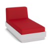 A front three-quarter view studio product shot of a modern commercial outdoor chaise lounge featuring a clean White Marine Grade Polymer (MGP) platform base and a bold Logo Red upholstered cushion.
