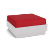 A front three-quarter view studio product shot of a square commercial outdoor ottoman featuring a smooth White Marine Grade Polymer (MGP) platform base and a bold Logo Red upholstered cushion.