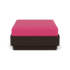 A straight-on eye-level studio rendering of a modern commercial outdoor ottoman featuring a dark Northeastern Walnut woodgrain MGP base with a vibrant Hot Pink upholstered cushion.